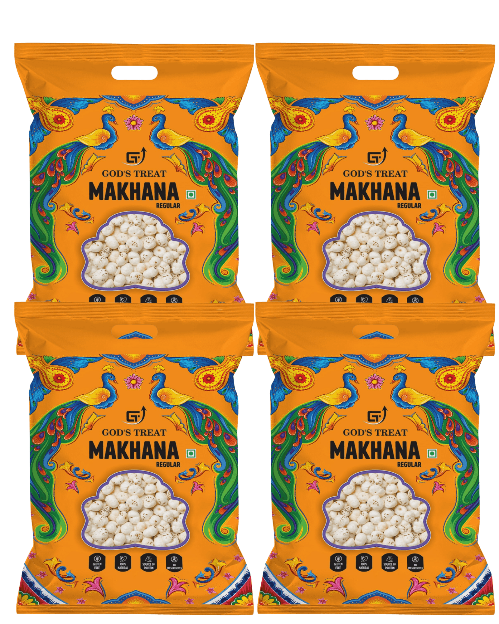 GOD'S TREAT Regular Raw Phool Makhana 250g | Pack of 4 | Healthy Regular Foxnuts | Organic | Gluten-Free | Protein-Rich & Natural Superfood